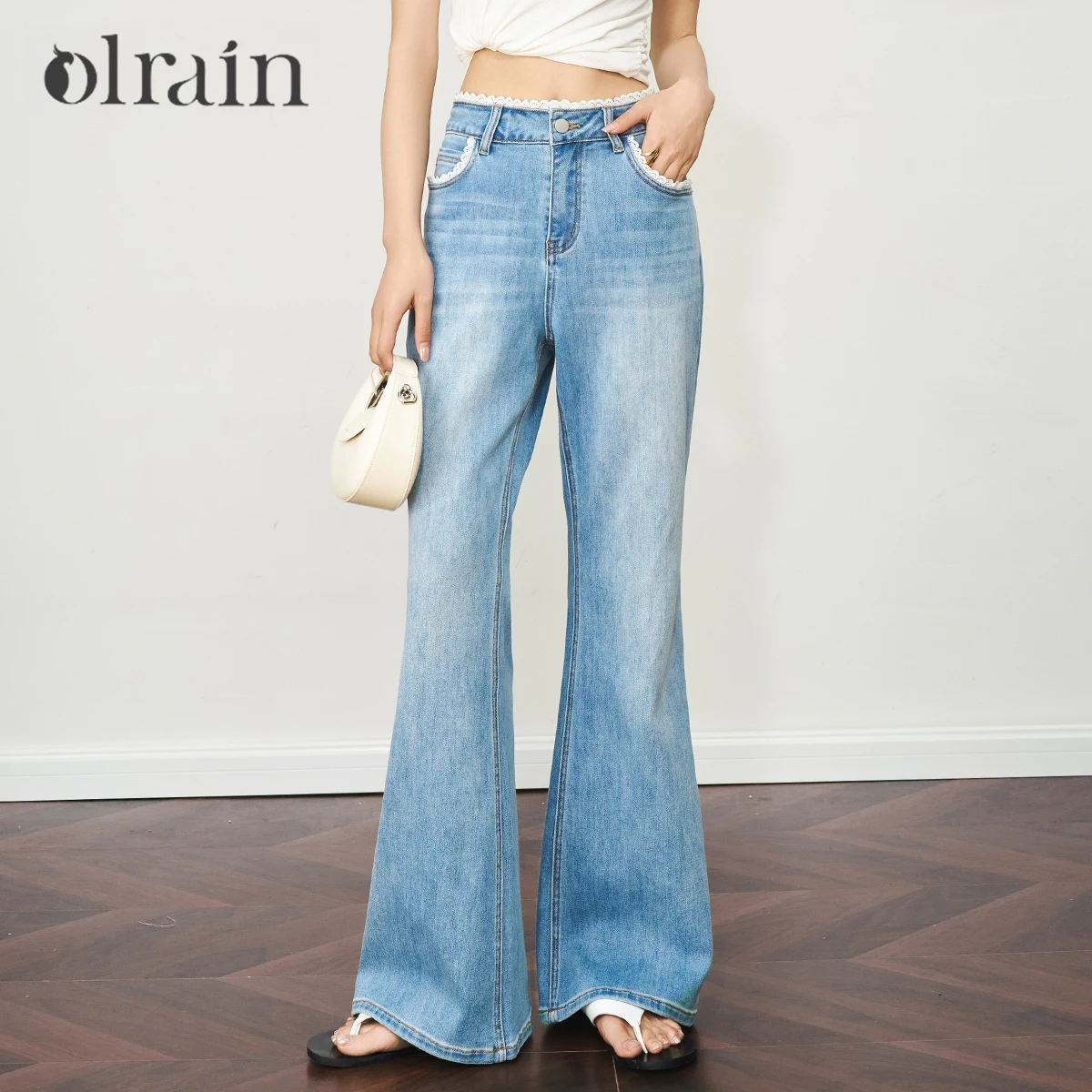

OLrain Flared Jeans Autumn Woman Blue Denim Flare Pants 2025 Fashion Lady Lace Wide Leg Long Trouser Women's Clothing O57XA98922