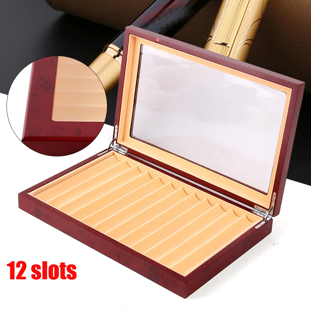 12 Pen Wood Display Case Holder Storage Collector Box Red color