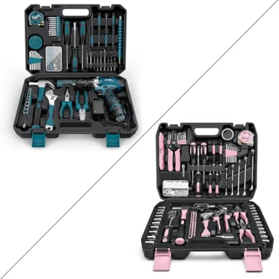 

206 and 281 Pcs Tool Kit - Portable Complete Home and Auto Repair Tool Set Blue and Pink