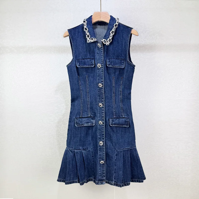 

Spring Summer Retro Mature Style High-End Beaded Turn-Down Collar Sleeveless Single-Breasted Pleated Washed Dress Wome