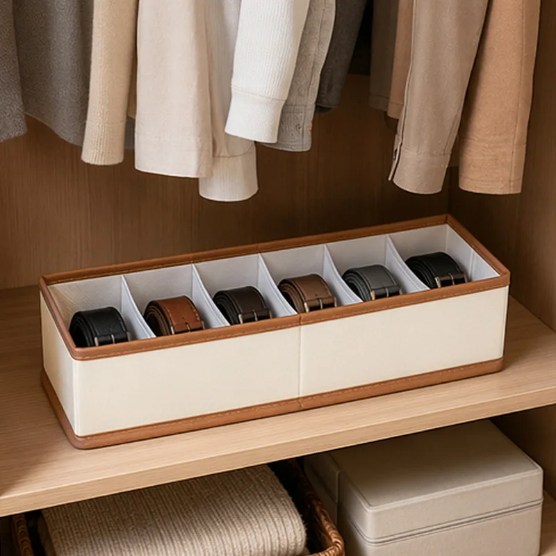 Belt Organizer Storage Box 6 Compartments Leather Style Closet Drawer Organizer for Belts Ties Scarves Accessories view 4