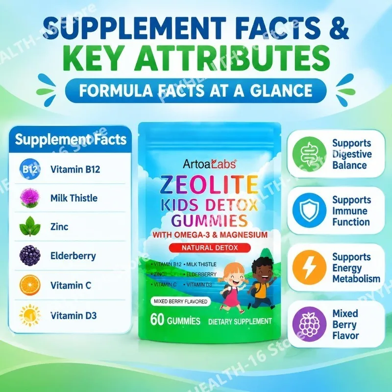 ArtoaLabs Zeolite Kids Detox Gummies with Omega-3 and Magnesium Support Normal Bone Development and Immune Function, 60 Gummies