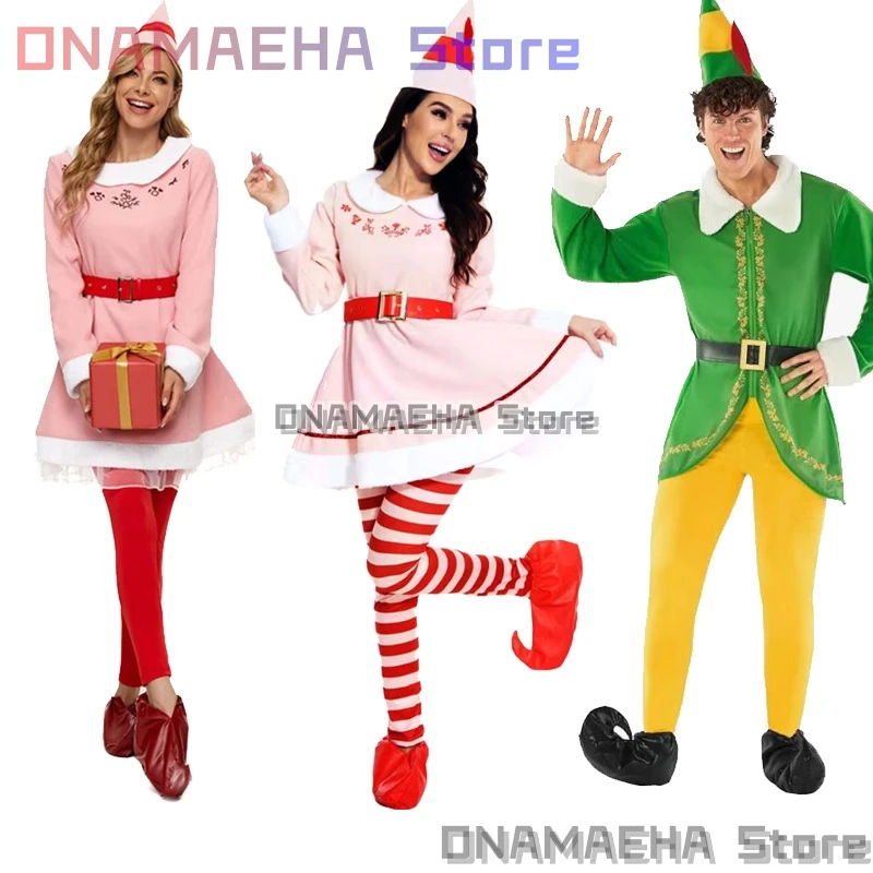 Disfraz de elfo de Navidad, disfraces de Cosplay para adultos {ONAMAEHA} traje de Papá Noel rosa, amarillo y verde, uniformes navideños para niños y niñas, Carnaval