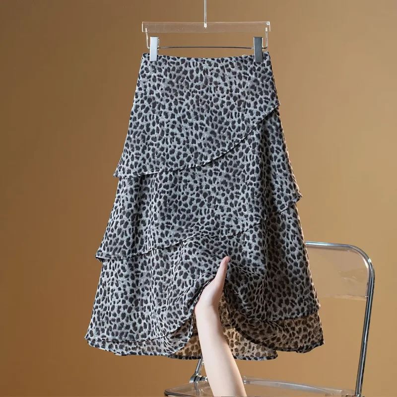 Women's Retro Leopard Print Tiered Midi Skirt High Waist Irregular Ruffled Layered Chiffon Skirt Daily Streetwear