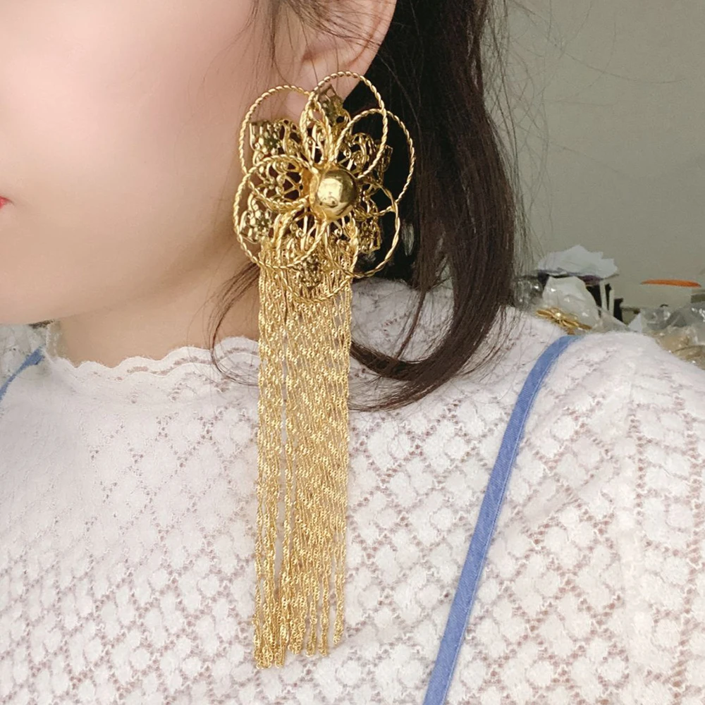 Newest Elegant Woman Tassel Long Earrings Accessories Nigeria Party 18K Gold Plated Large Earrings High Quality Free Shipping