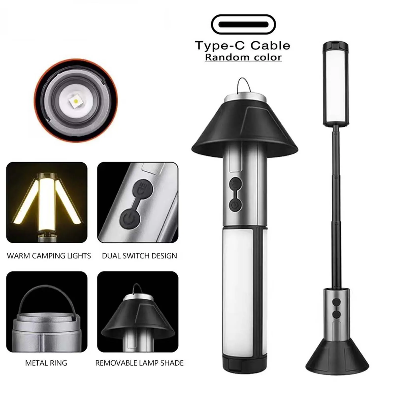 

Многофункциональный фонарь для кемпинга 2 в 1, перезаряжаемый через USB светильник с крючком, внешний аварийный фонарик для кемпинга