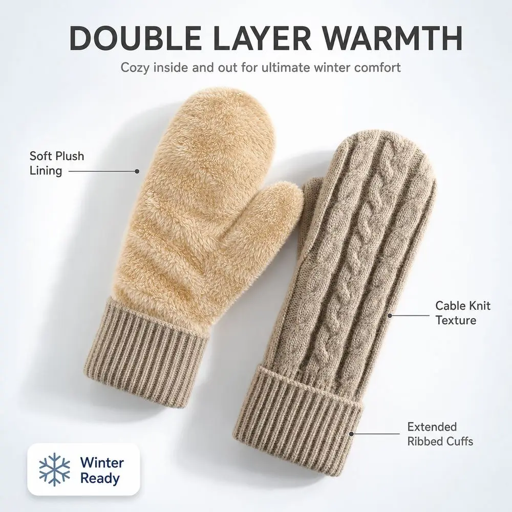 New Knitted Winter Mittens Double Layer Cable Knit Thermal Mittens Wind Resistant Ribbed Cuffs Knit Mittens Winter Cycling