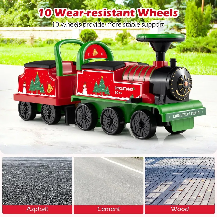 รถไฟของเล่น 6V 2 ที่นั่ง พร้อมห้องโดยสาร ที่เก็บของ นกหวีดรถไฟ เพลง ไฟ สำหรับเด็กอายุ 18 เดือนขึ้นไป (2 ที่นั่ง, คริสต์มาส)