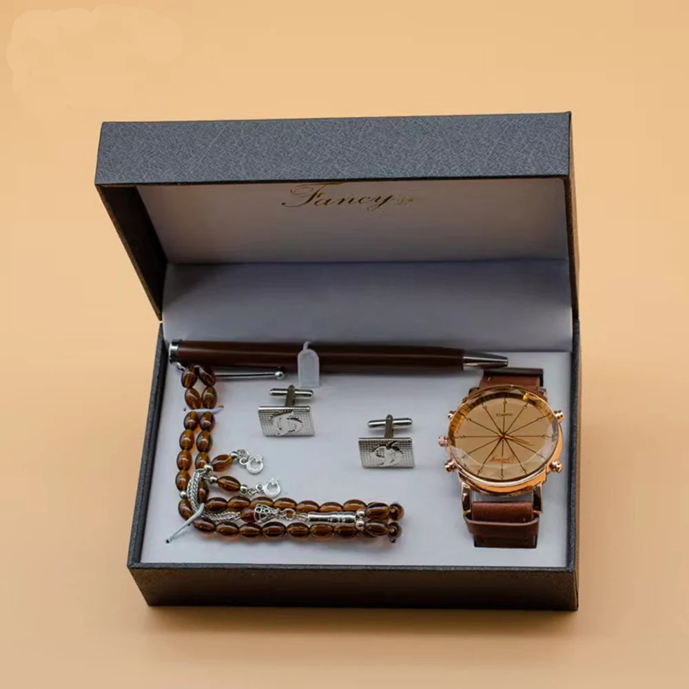 Men Watch Gifts Set Fashion Men\'s Quartz Wristwatch With Cufflinks  Rosary Bracelet Signature Pen Gift Box For Male Boy Father\'s