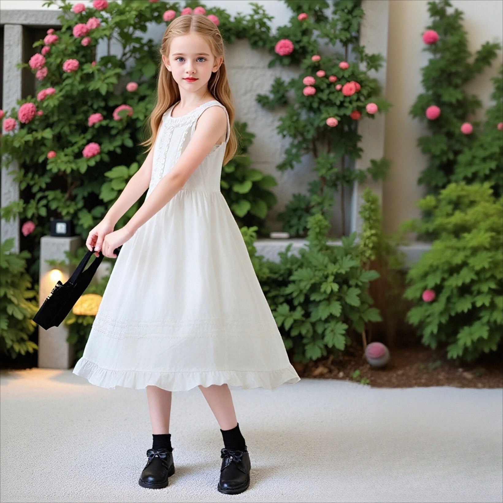 

Girls White Ruffle Strap Dress Sleeveless Lace Trim Tiered Cotton Dress for Kids Summer Casual Vacation Wear School Daily Outfit