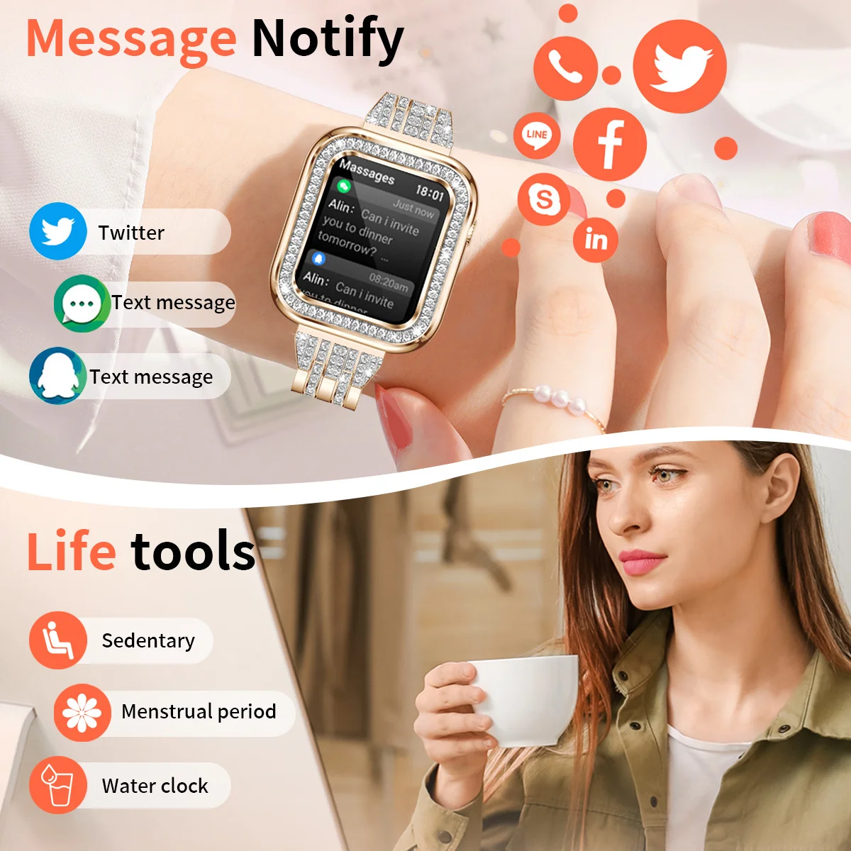 2023 Fashion Smart Watch Ladies Bluetooth Call Blood Pressure Multipl Sport Bracelet Waterproof DIY Custom Dial Smartwatch Women