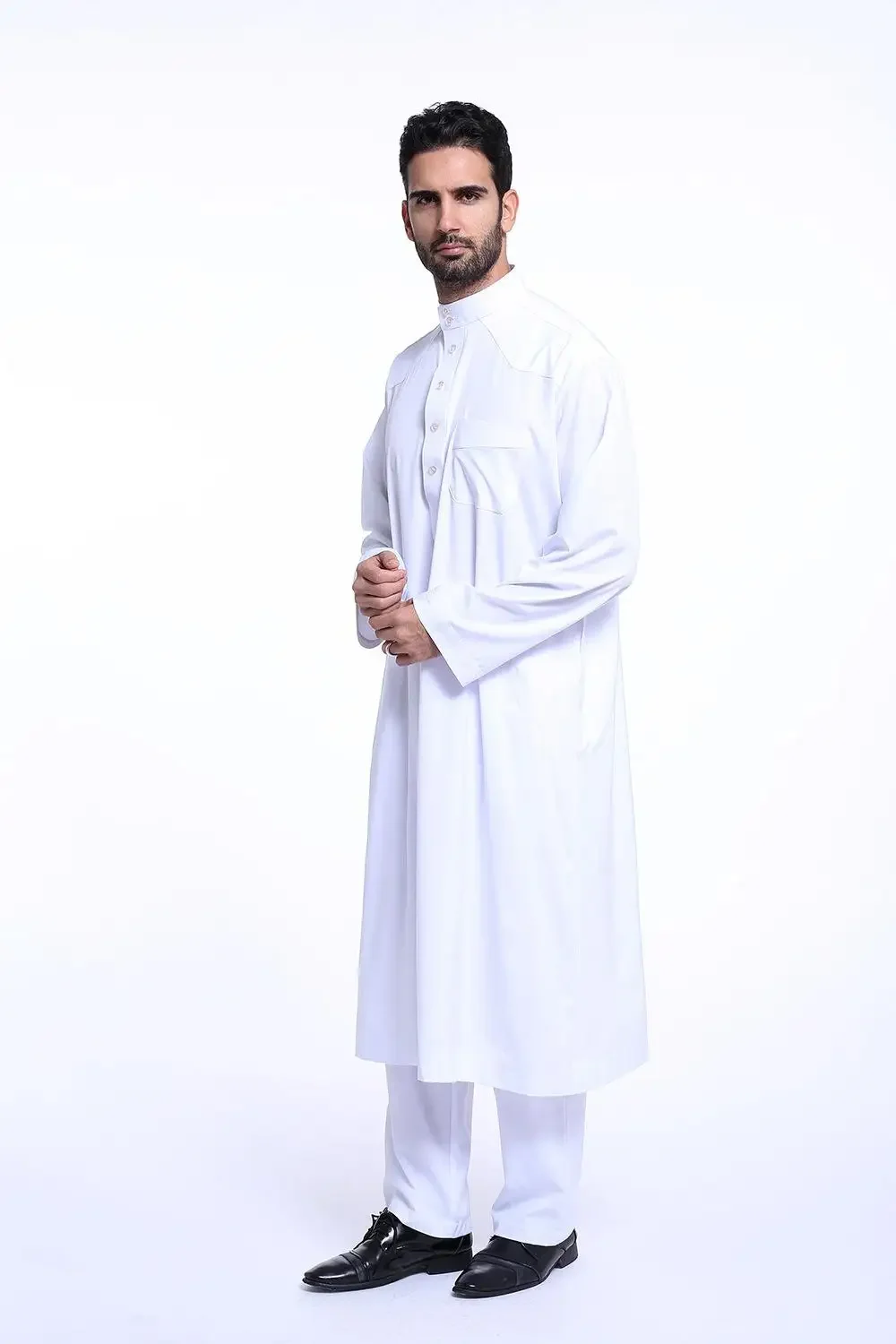 Dubai Arabic Islamic Muslim Mens Jubba Thobe Clothing Long Robe 2 Piece Set Tops and Pants Saudi Musulman Ensembles Wear Outfits