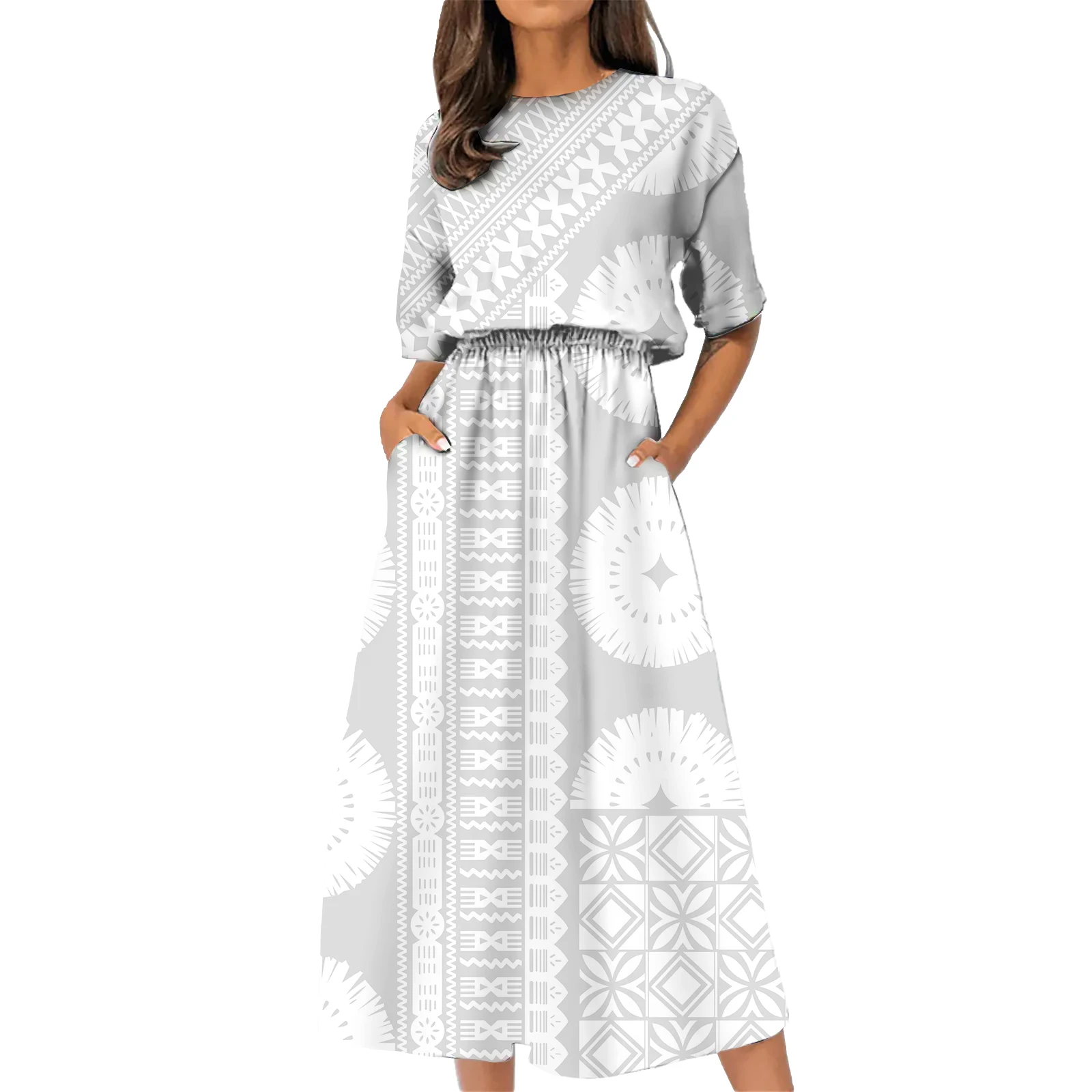 Island Luxury Design Formal Dress Vintage White Sunday Samoan Tribal Design Custom Women Dress With Pockets Polynesian