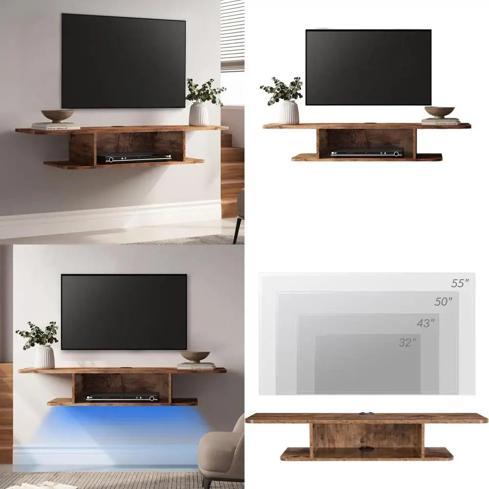 

Настенная 2-уровневая плавающая тумба для ТВ с синей LED-подсветкой, коричневая