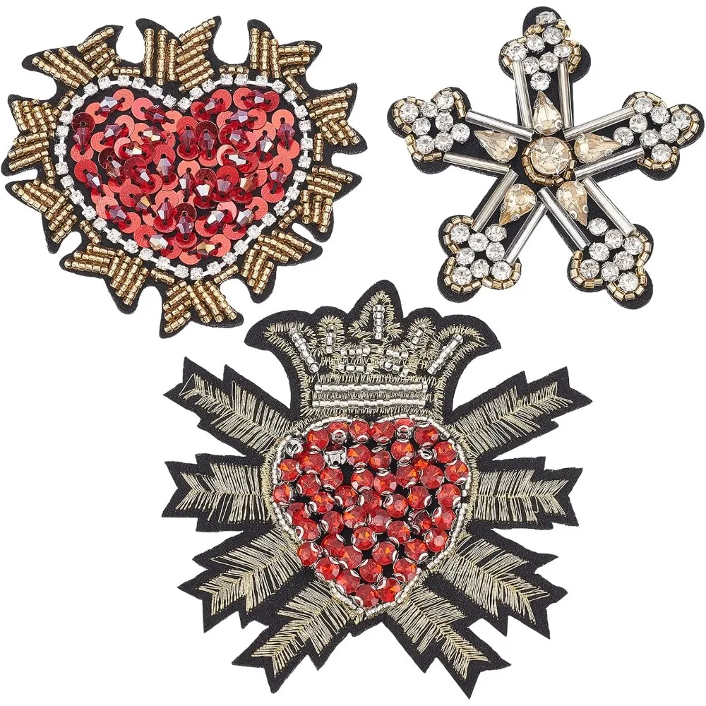 3PCS Sewing Applique Badges Patches Woven Fabric Rhinestone Heart & Star & Heart with Crown Ornament Accessories for making kit