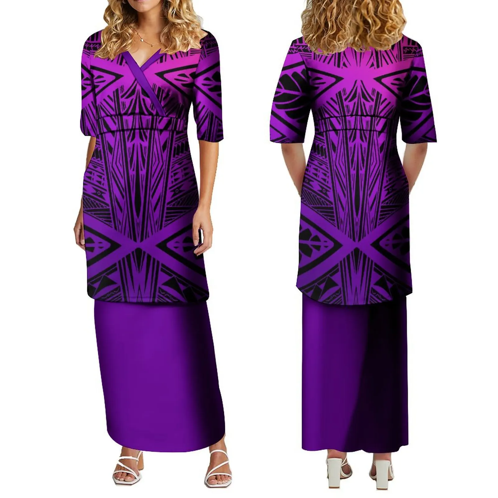 Polynesian V-Neck Summer Short Sleeved Elegant Maxi Top And Skirt Samoan Fijian Style Island Clothing And Ankle Maxi Skirt