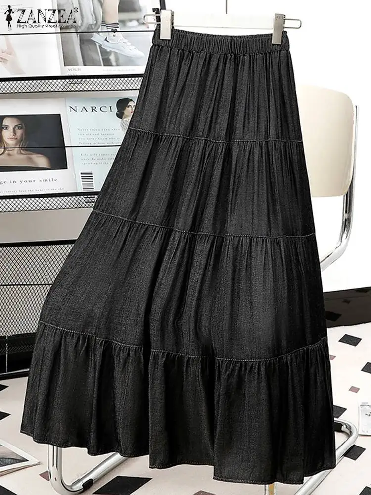 Autumn Maxi Long Skirts ZANZEA 2024 Fashion Women Elastic Waist Solid Ruffles Skirt Casual Loose A-line Party Faldas Saia Jupe