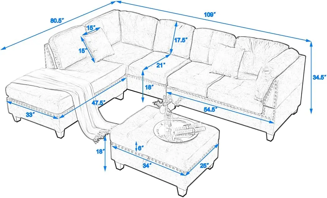 UBGO Living Room Furniture Sets,Modular Sectional Sofa Set,L-Shape Couch Set with Storage Ottoman and Two Small Pillow,Sofas