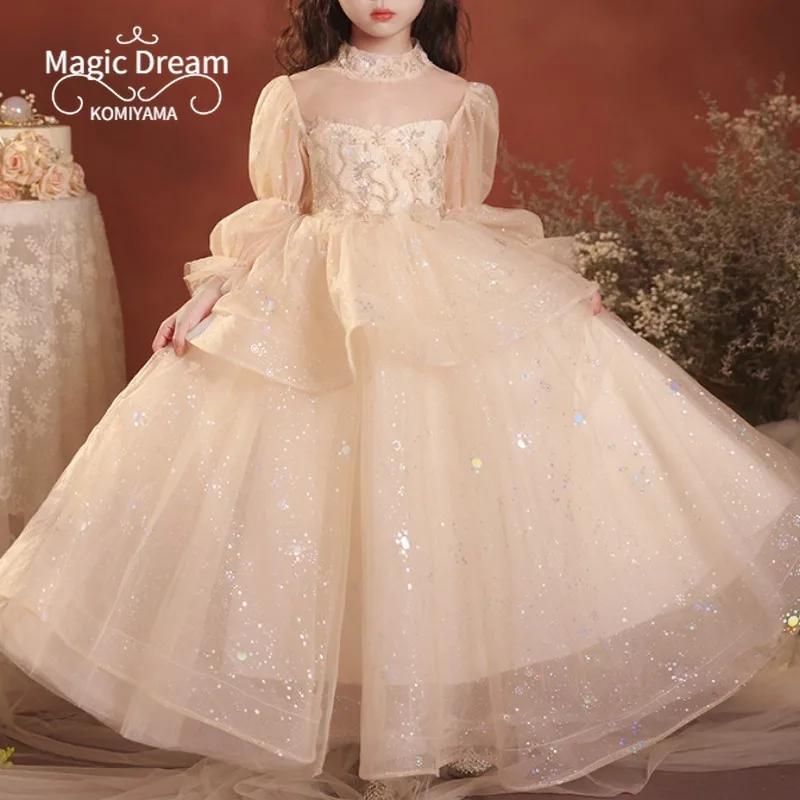 Customized O-neck Long Sleeve Elegant Design Niche Wed Flower Girls Dresses Pleated Appliqué Kids Birthday Party Vestidos Prince