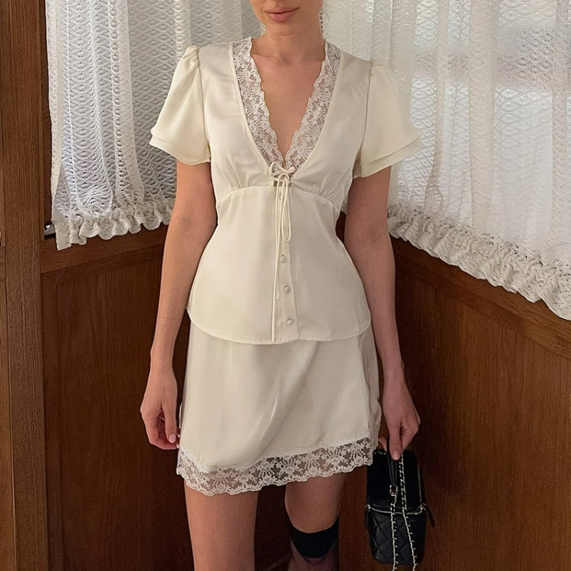 

Summer New Style Fashion Sexy Satin Silk Lace Patchwork Reception Waist Tie Short-sleeved Short Skirt Two-piece Set for Women