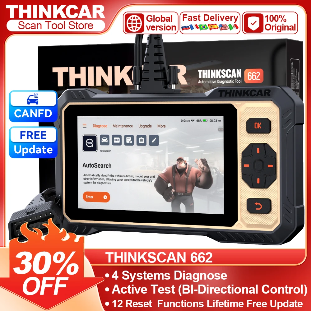 THINKCAR THINKSCAN 662 4-системный автомобильный диагностический инструмент, автоматический сканер, 12 сбросов, двунаправленное управление CAN FD, считыватель кодов Obd2