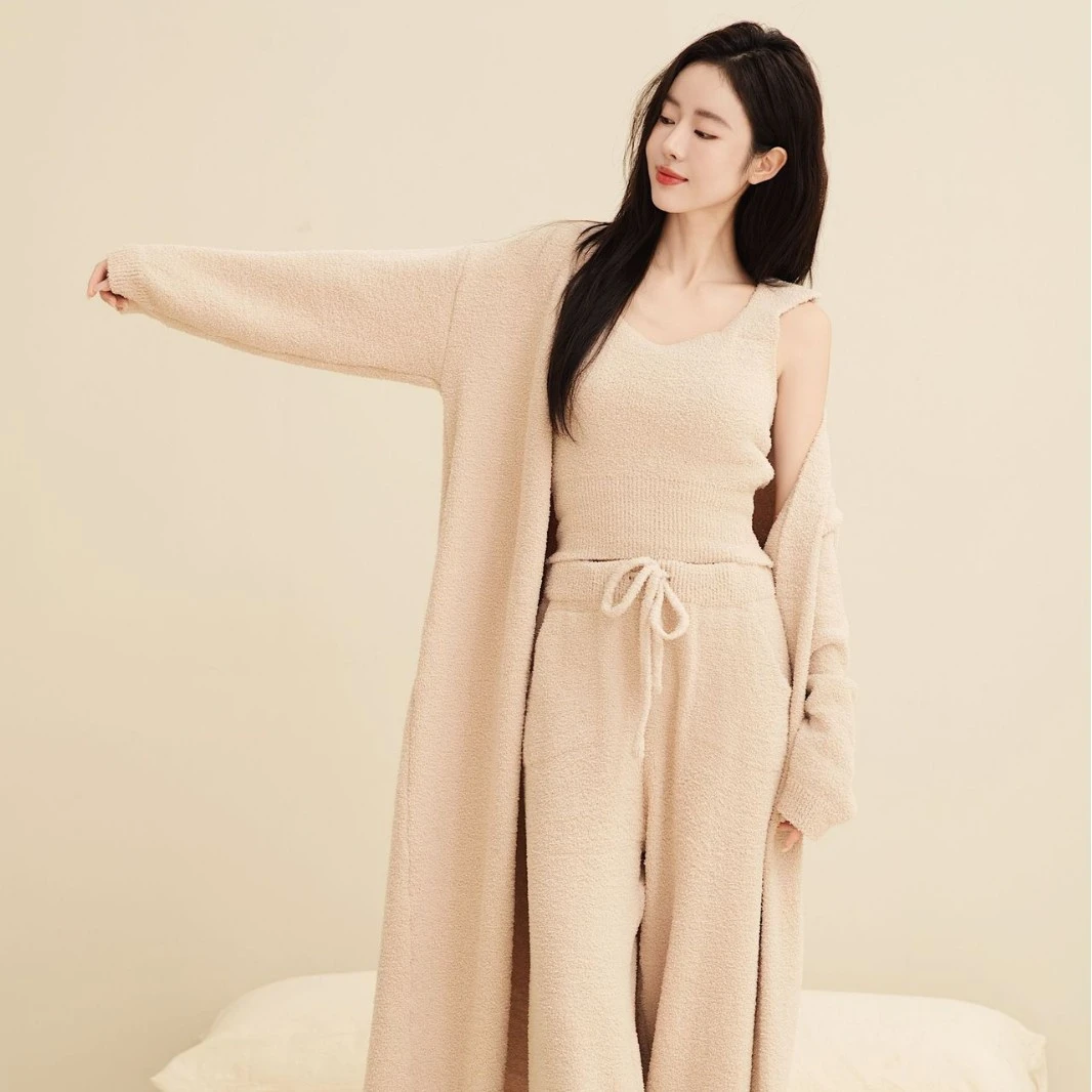 Autumn Winter New Female 3PCS Pajamas Set Loungewear Sexy Coral Velvet Lingerie Pijamas Suit Loose Home Clothes Loungewear