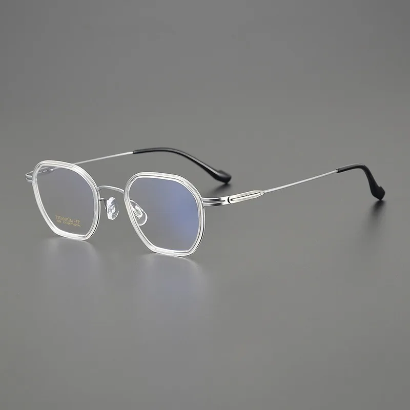 Screw-free Retro Multilateral Pure Titanium Ultra-light Glasses Frame for Men and Women with Degree Plastic Frame Titanium Legs.