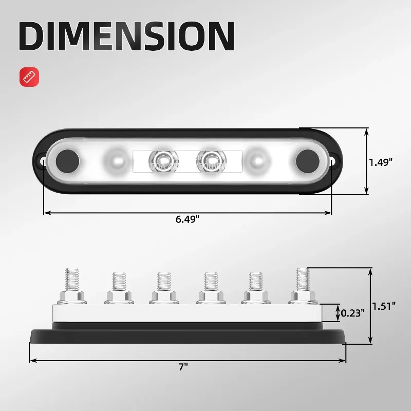 Busbar 300A 48V DC 12-28AWG Pure Copper 6Stud Power Distribution Block 5/16Post(M8)Heavy Duty Busbar With Cover for Car