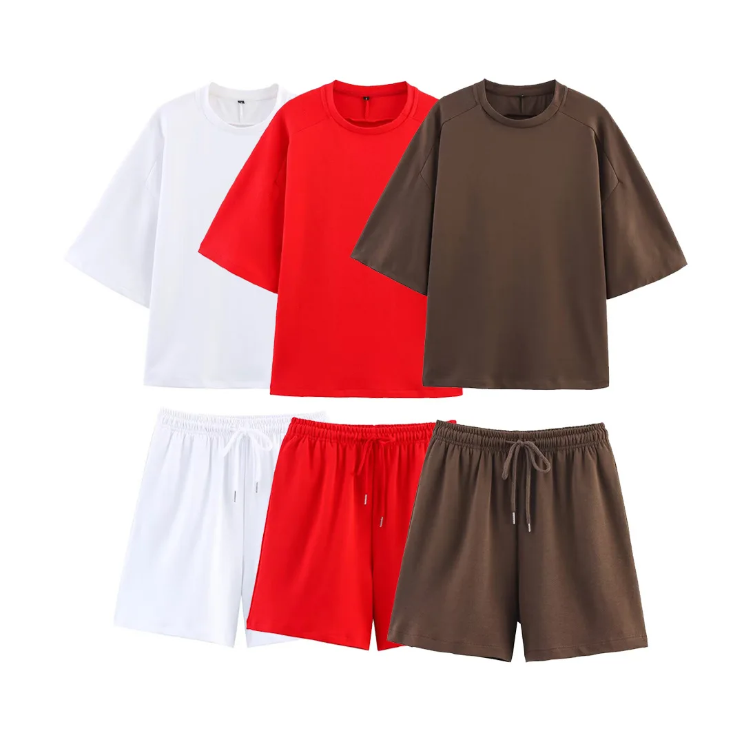 

Women Summer Fashion 2 Pieces Short Sets Solid Loose T-Shirt and High Elastic Waist Shorts Sportswear Female Chic Lady