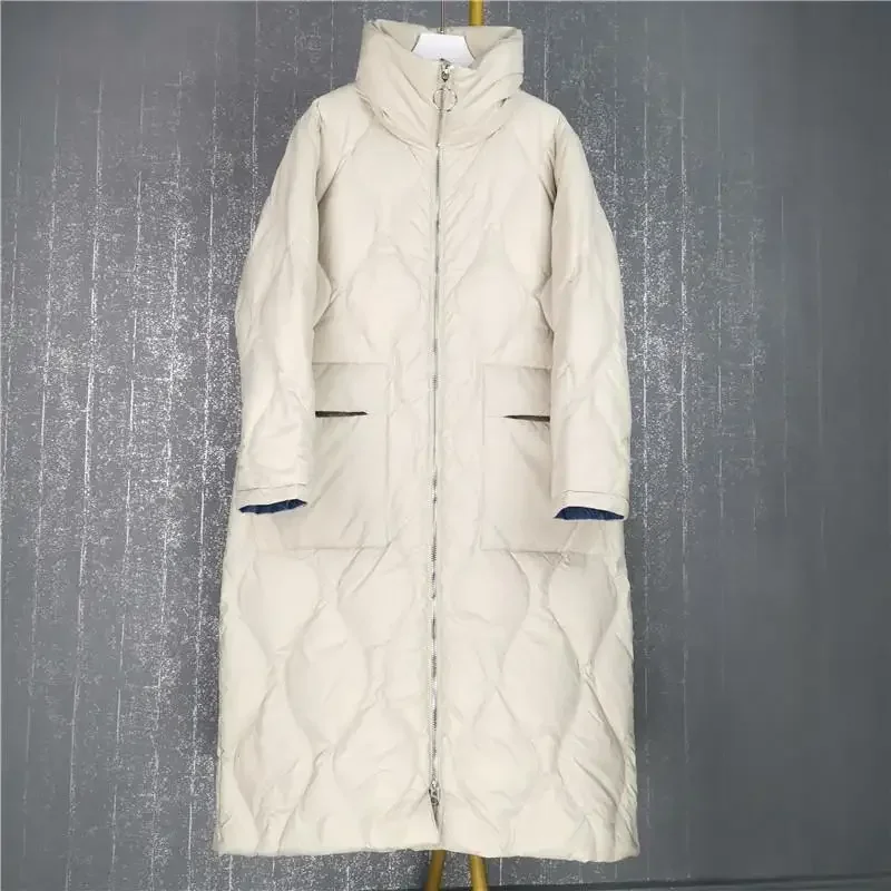 Winter European New Women's Down Jacket Commuting Splicing Windproof Stand Up Collar Long Down Jacket
