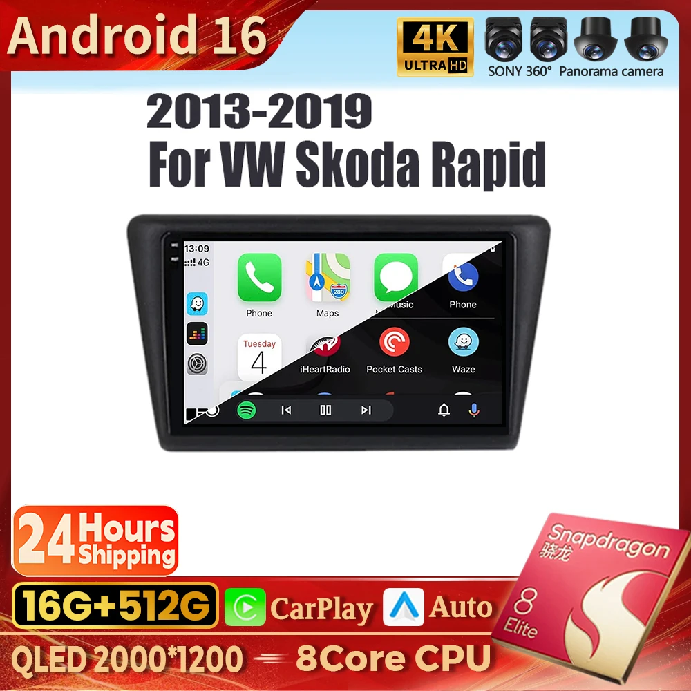 Qualcomm Android 16 For Skoda Rapid 2013 - 2017 2K QLED Car Radio Multimedia Video Player GPS CarPlay Auto Navigation Stereo DSP