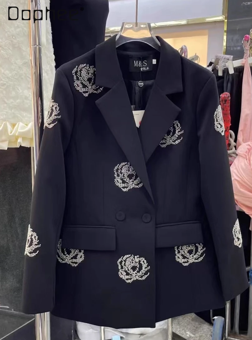 

Autumn New French High-End Fashion Hepburn Style Slim Rose Rhinestone Slimming Blazer Office Lady Trendy Casual Jacket Women