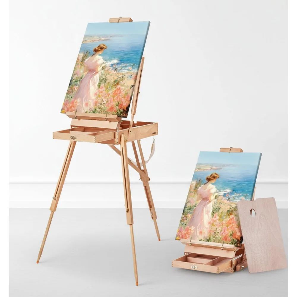 

Складной деревянный французский мольберт с ящиком для хранения, регулируемым углом и высотой, портативный мольберт для художественной живописи для студии и улицы