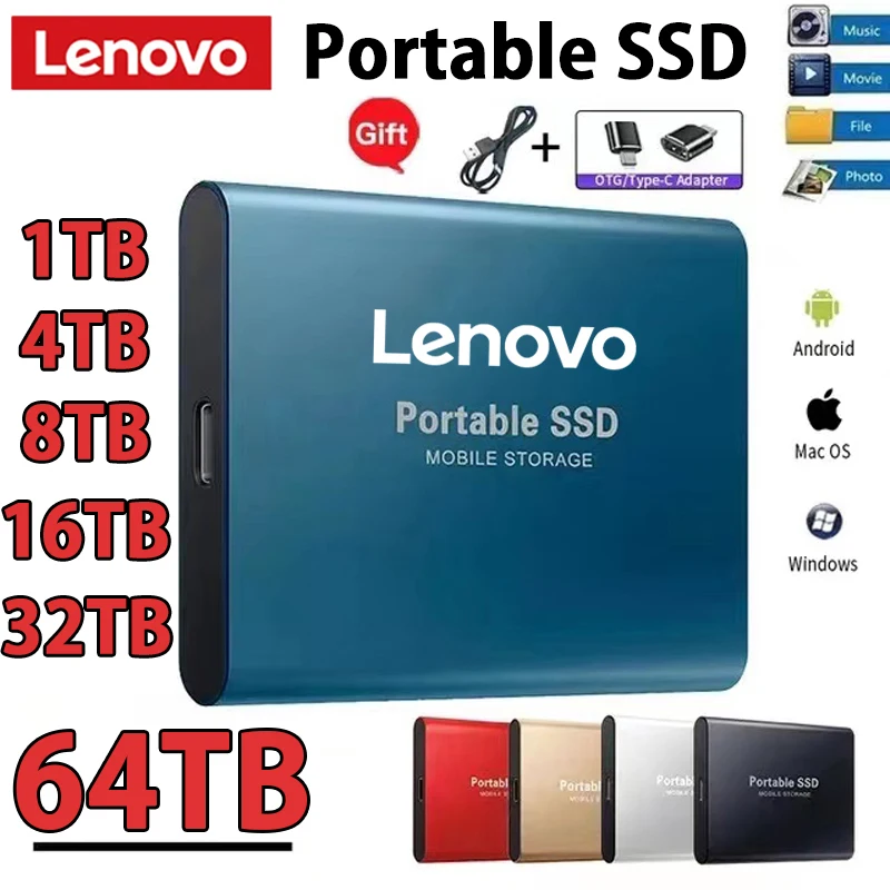 Lenovo SSD portabel hard drive eksternal kecepatan tinggi Mobile Solid State Drive 128TB penyimpanan eksternal Hard disk desives untuk PCMac