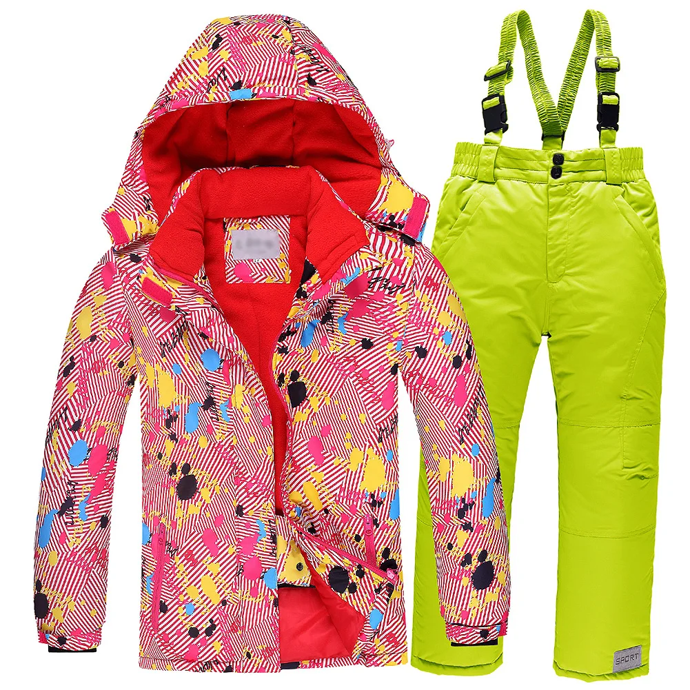

Girls Skiing Suits,Hooded Waterproof Warm Snow Jacket+Bib Pants Set,Winter Kids Snowsuits,Windproof Children's Snowboarding Wear