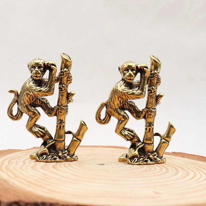 Brass Monkey Climbing Bamboo Pole Small Ornament Zodiac Animal Figurines Feng Shui Home Decor Crafts Desk Decoration Accessories