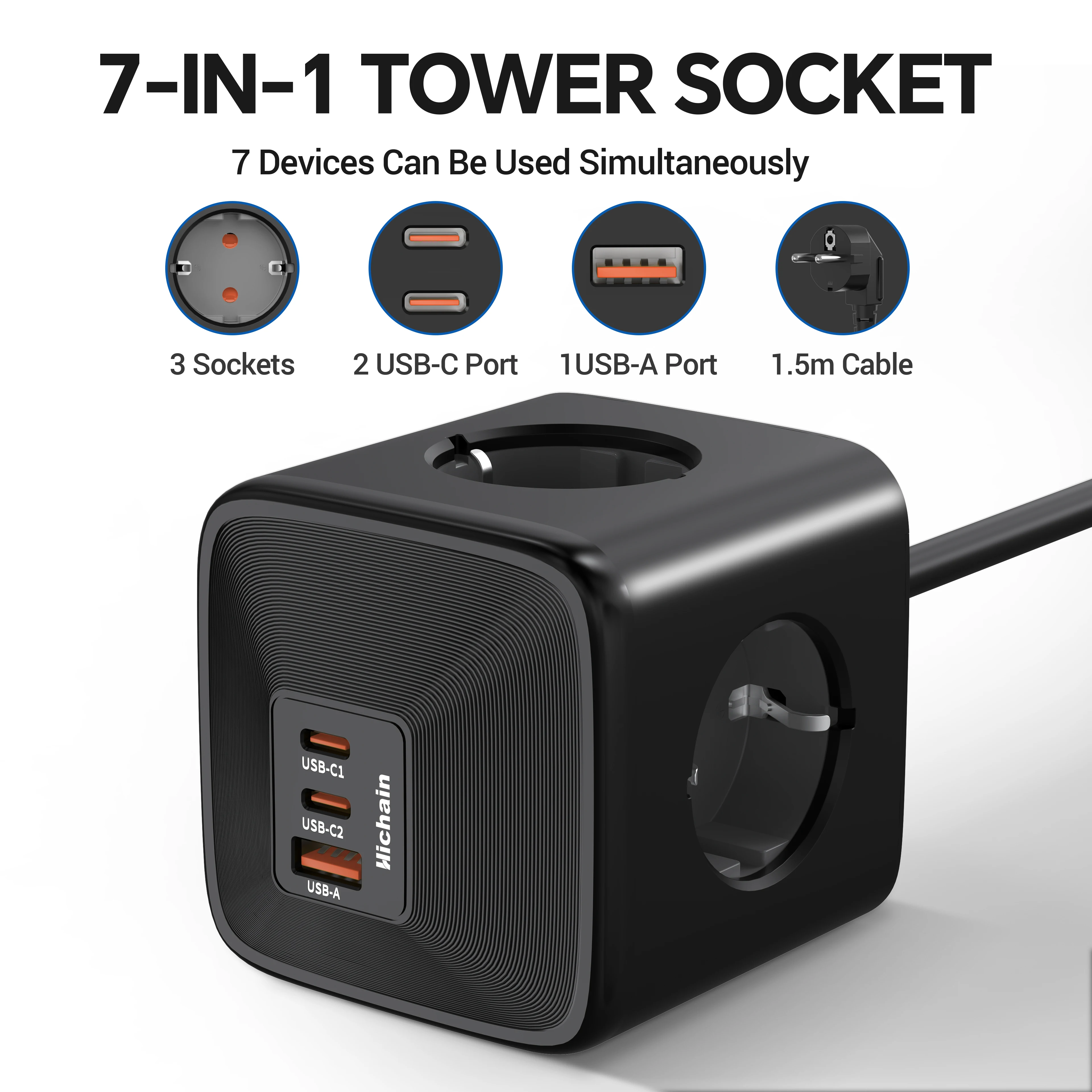 Hichain GaN 33W 7IN1 Power Strip Cube With 3AC Outlets 1USB A Port 2Type C and 1.5M Cable Multi Power Socket For Home Office