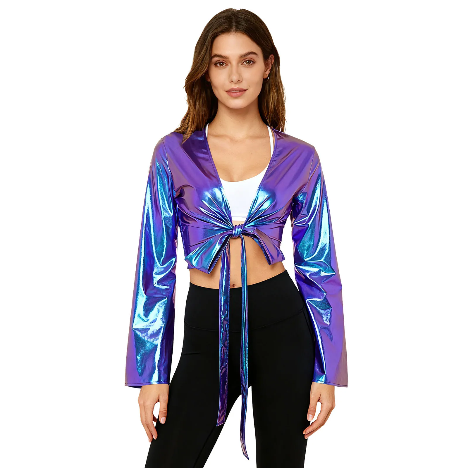 ملابس علوية نسائية عصرية برباط علوي ملفوف معدني ملابس حفلات الكرنفال وأكمام طويلة متوهجة غطاء علوي قصير لليوجا والتمارين والرقص #2