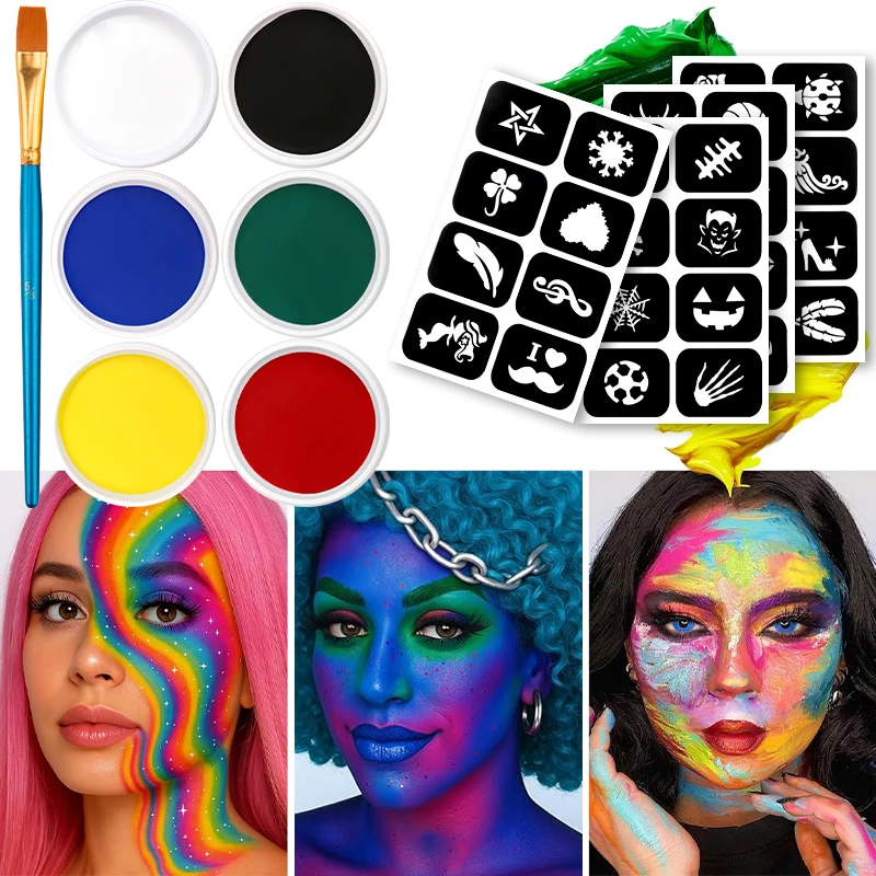 6色モノクロフェイスペイントブラシセット、子供用パーティー水性フェイスペイントセット、ハロウィンボディメイクパレット