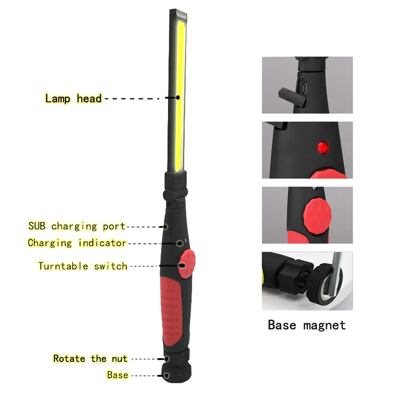 3in1 COB Work Light Rechargeable LED Work Light with Magnetic Base Super Bright Handled Lamp for Car Repair Home