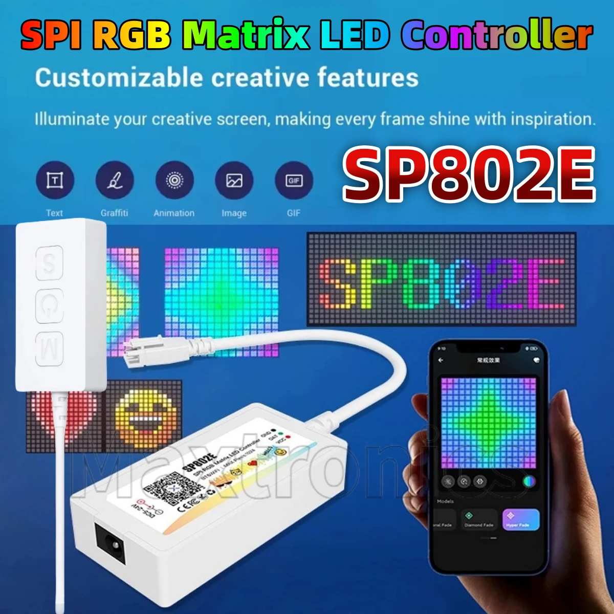 1024 Pixel SP802E SPI RGB Matrix LED Controller DC5-24V Animazione Musica Wifi APP FAI DA TE Controllo Wireless W2812B WS2811 Pannello LED
