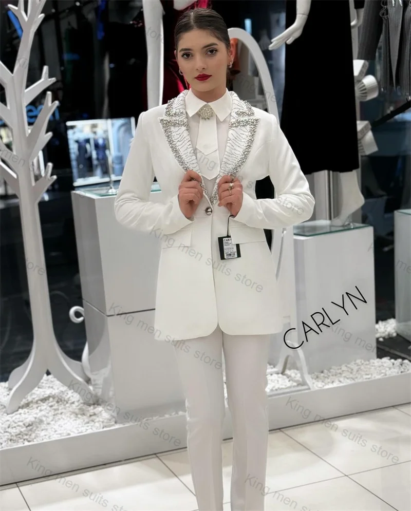 Wedding Crystals Women Suit Set 2 Piece Blazer+Pants Custom Size Formal Office Lady Wedding Tuxedos Jacket Prom Coat Trousers