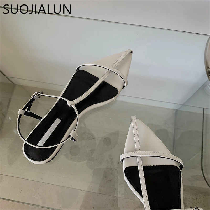 SUOJIALUN 2022 New Brand Women Sandal Fashion Narrow Band Flat Heel Ladies Gladiator Shoes Pointed Toe Ankle Buckle Zapatos Muje