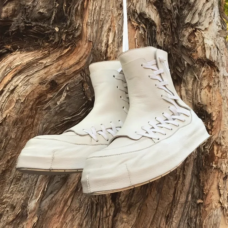 

Male Vintage Chunky Bottom Wedges Ankle Boots Fashion High Top Cross Strap Splicing Chelsea Boots Outside Casual Shoes for Men