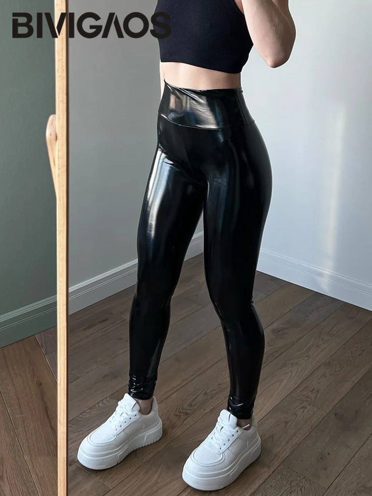 BIVIIncome OS-Leggings en cuir miroir coloré pour femmes, pantalons skinny sexy, taille haute, élastique, brillant, nouveau, printemps