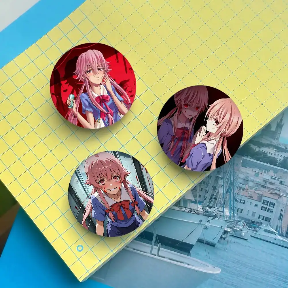 Gasai Yuno Yandere Mirai Nikki F-Future Diary Anime Round Laser Badge Cartoon Brooch Clothes Backpack Accessories Lapel