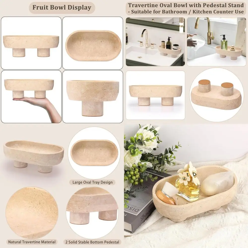 

10 Inch Natural Travertine Fruit Bowl - Elegant Pedestal Tray for Home Decor and Kitchen Counter