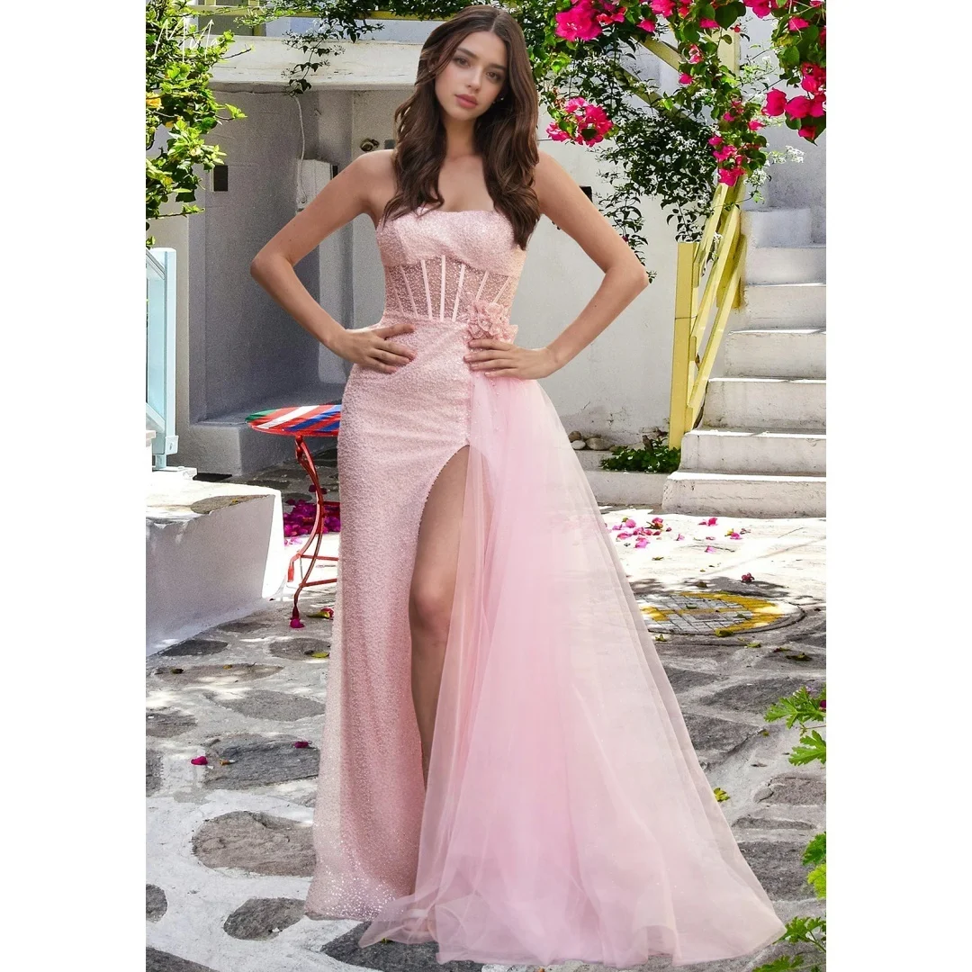 ميلا الوردي فساتين لحضور الحفلات الموسيقية الديكور زهور ثلاثية الأبعاد مخصصة رسمية مساء الجانب الشق حمالة عارية الذراعين ألف خط vestidos de gala 2025