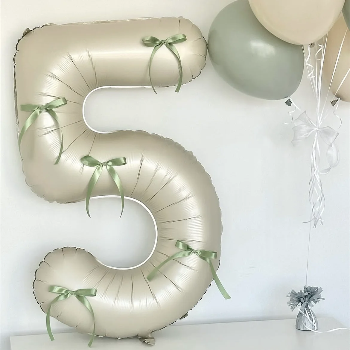 1SET Large 32inch Number Milky white Foil Balloon Green butterfly ribbon1 2 3 4 5 6 7 8 9 Birthday Party Baby Shower Decorations