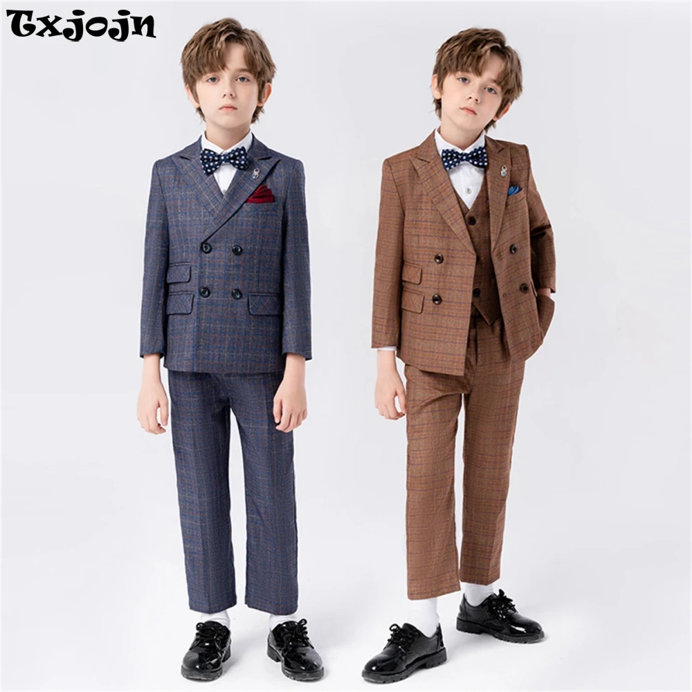 Casual Handsome Kids Suit Set Catwalk Photography Costumes Classic Boys Suits 5 Pieces For  Wedding Party School Performance